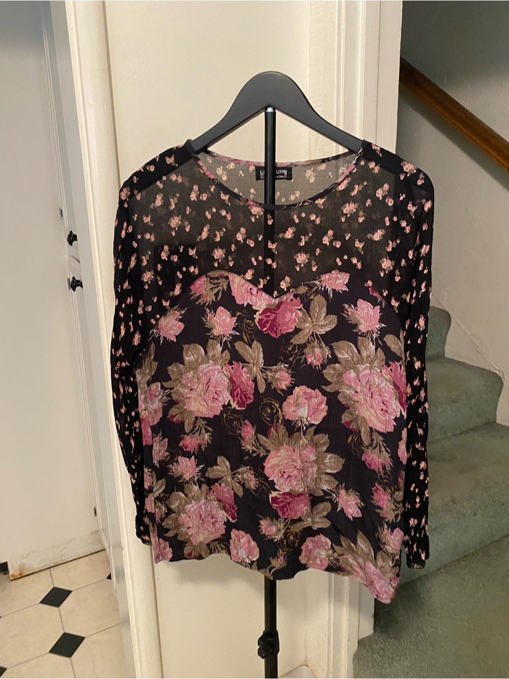 Vintage Carole Little for Saint Tropez West Black Blouse with Pink Floral Design